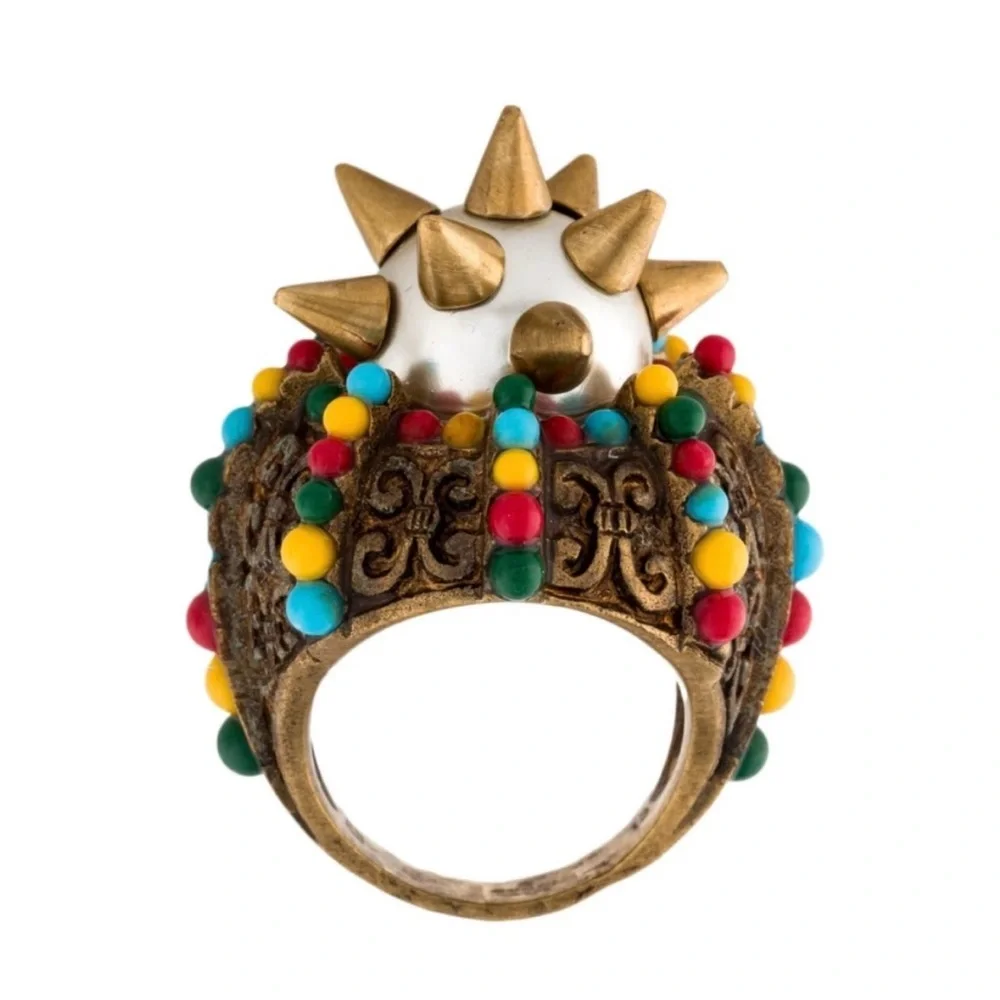 Gucci Gold Ring with Colorful Beads. Statement ring.  Cocktail ring. Luxury